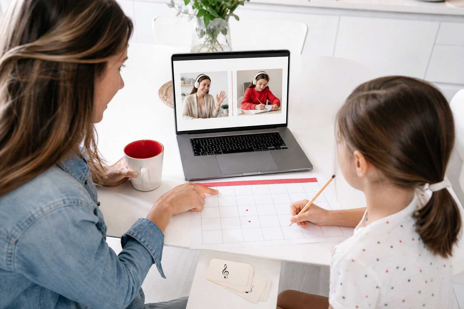 Parent and child comparing two online lesson formats beside a simple weekly calendar