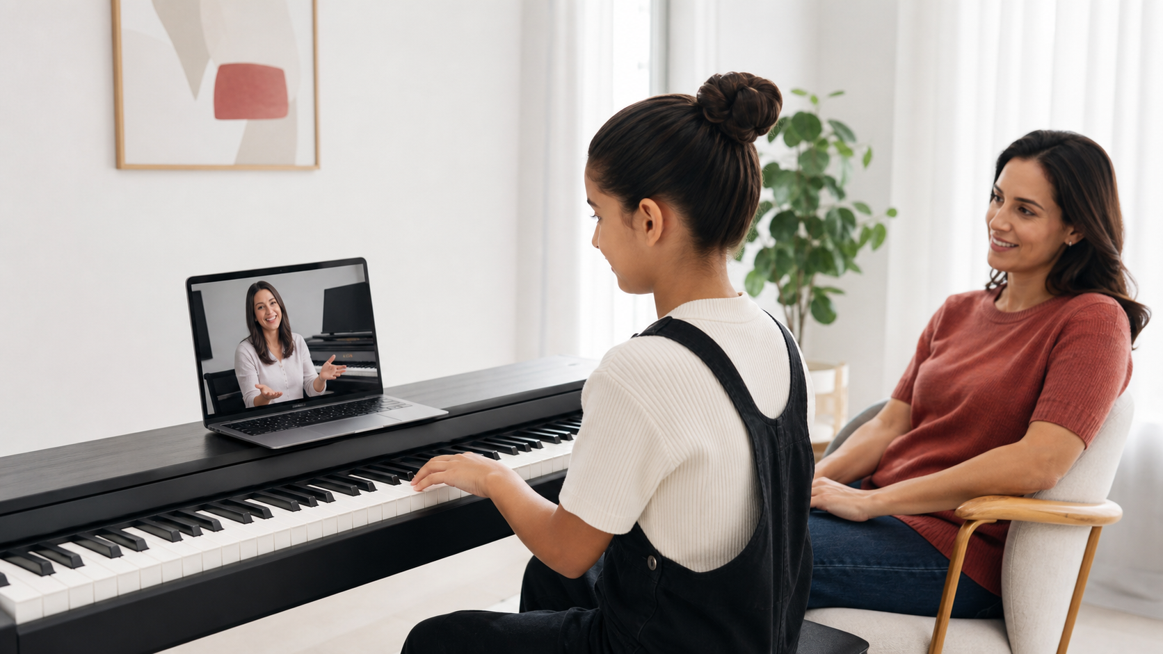 Child taking a live online piano lesson at home with a parent nearby