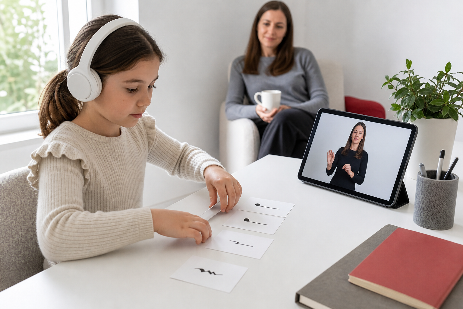 Child using headphones and a tablet for a self-paced music lesson while a parent gives space nearby