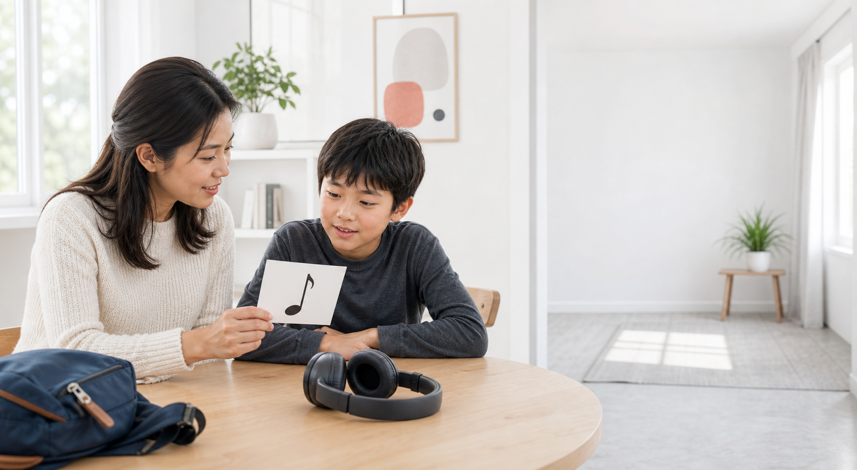 Parent and child planning first music lessons in a bright home before choosing an instrument