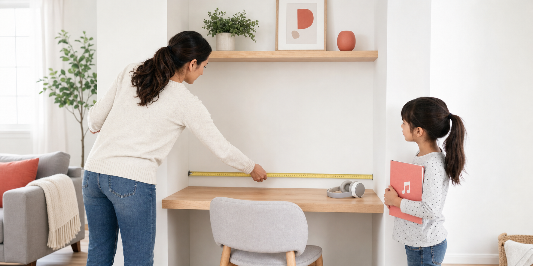 Parent and child measuring a compact empty desk area for a future beginner practice setup