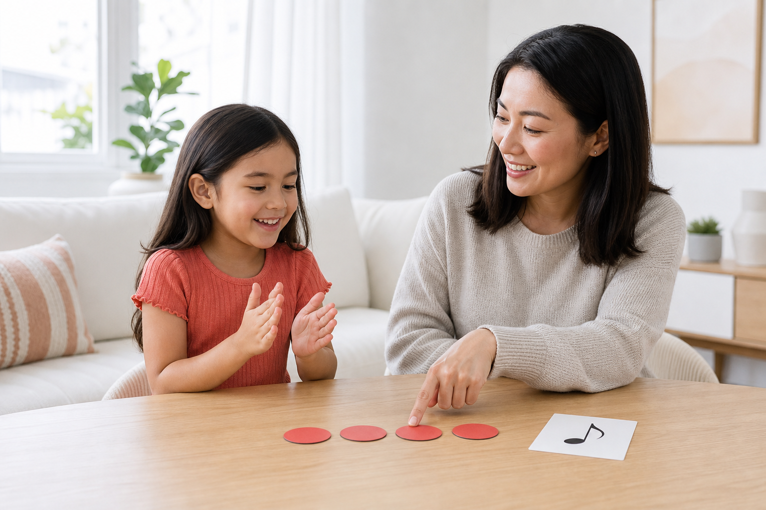 Child and parent clapping a four-beat rhythm with simple beat markers