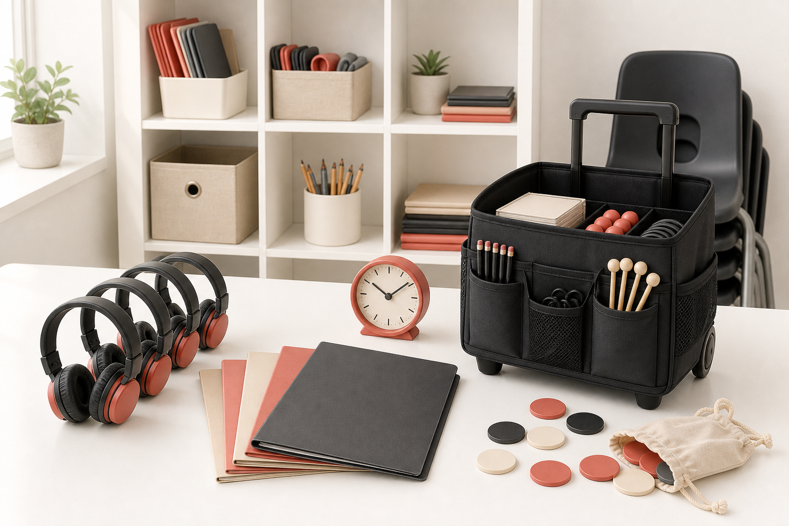 Organized headphones, folders, clock, attendance tokens, supply case, and chairs for an after-school program