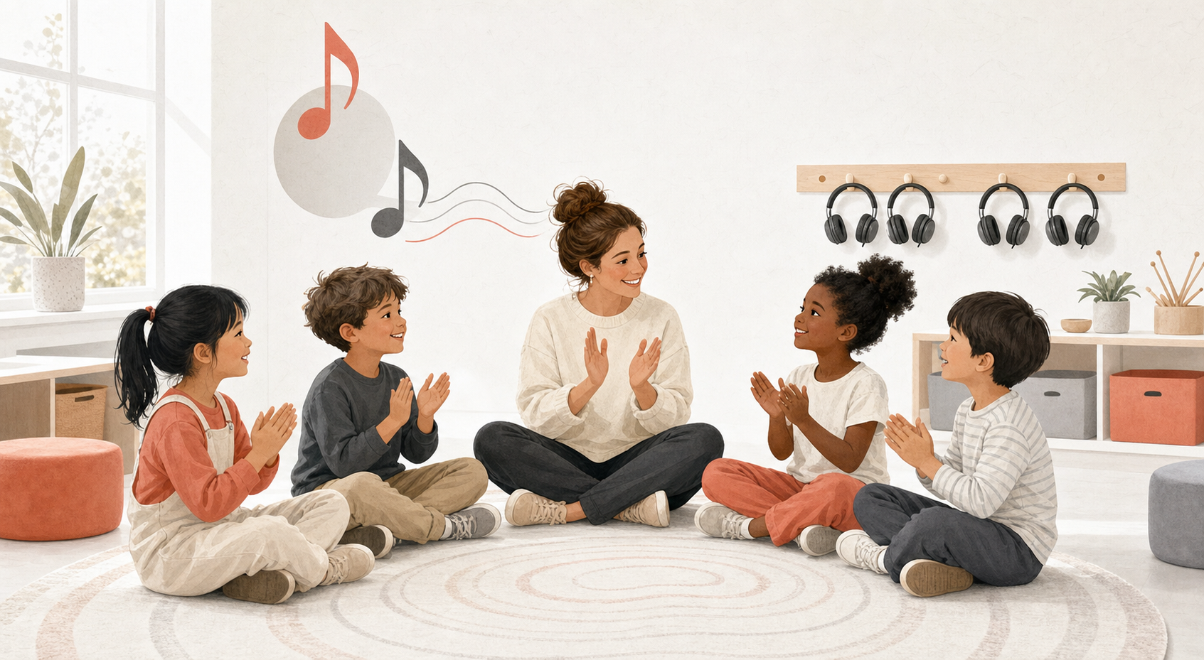 Teacher and elementary-age students clapping a steady rhythm in a bright after-school music class