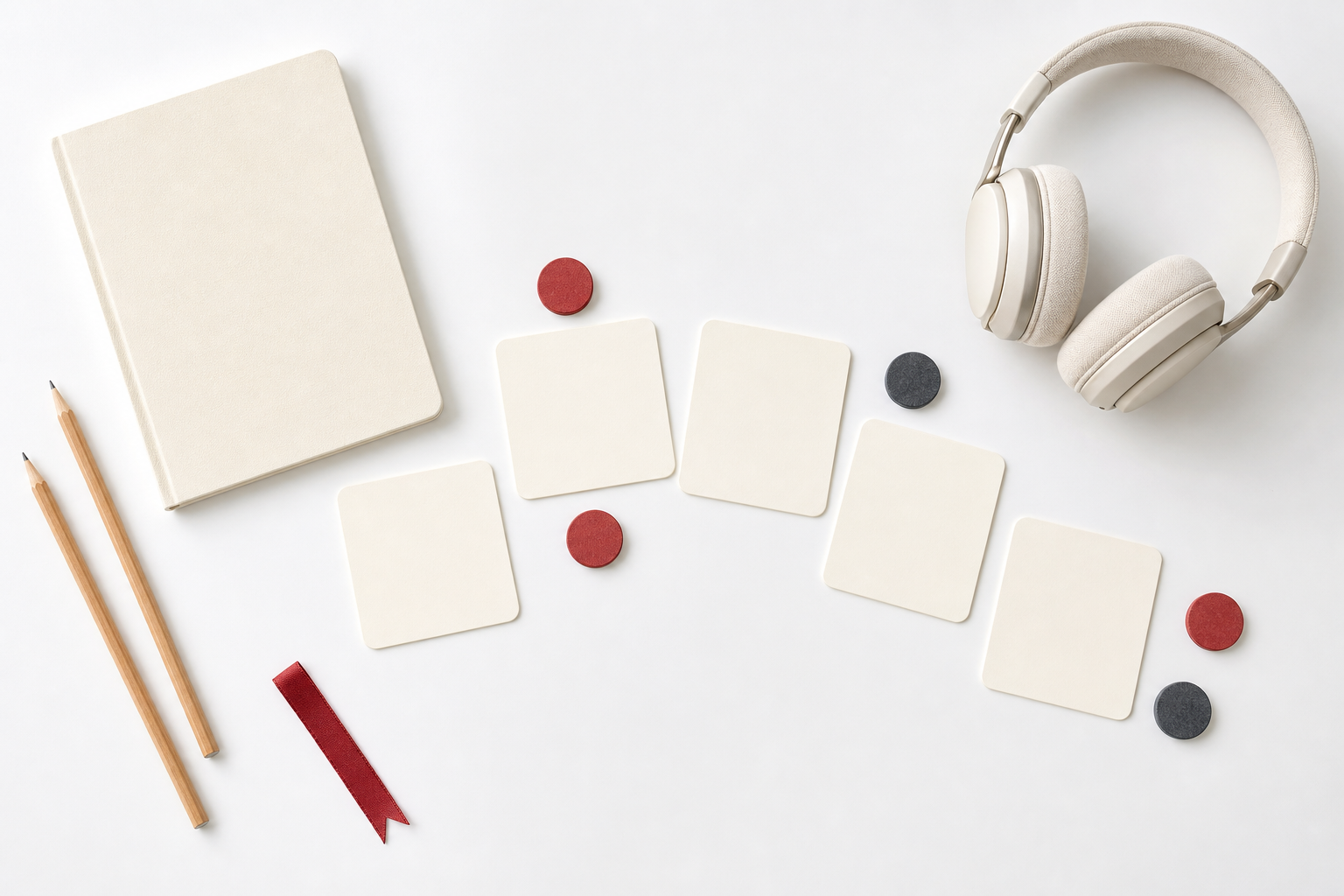 Blank progress cards, red and gray tokens, headphones, notebook, and pencils arranged on a white table