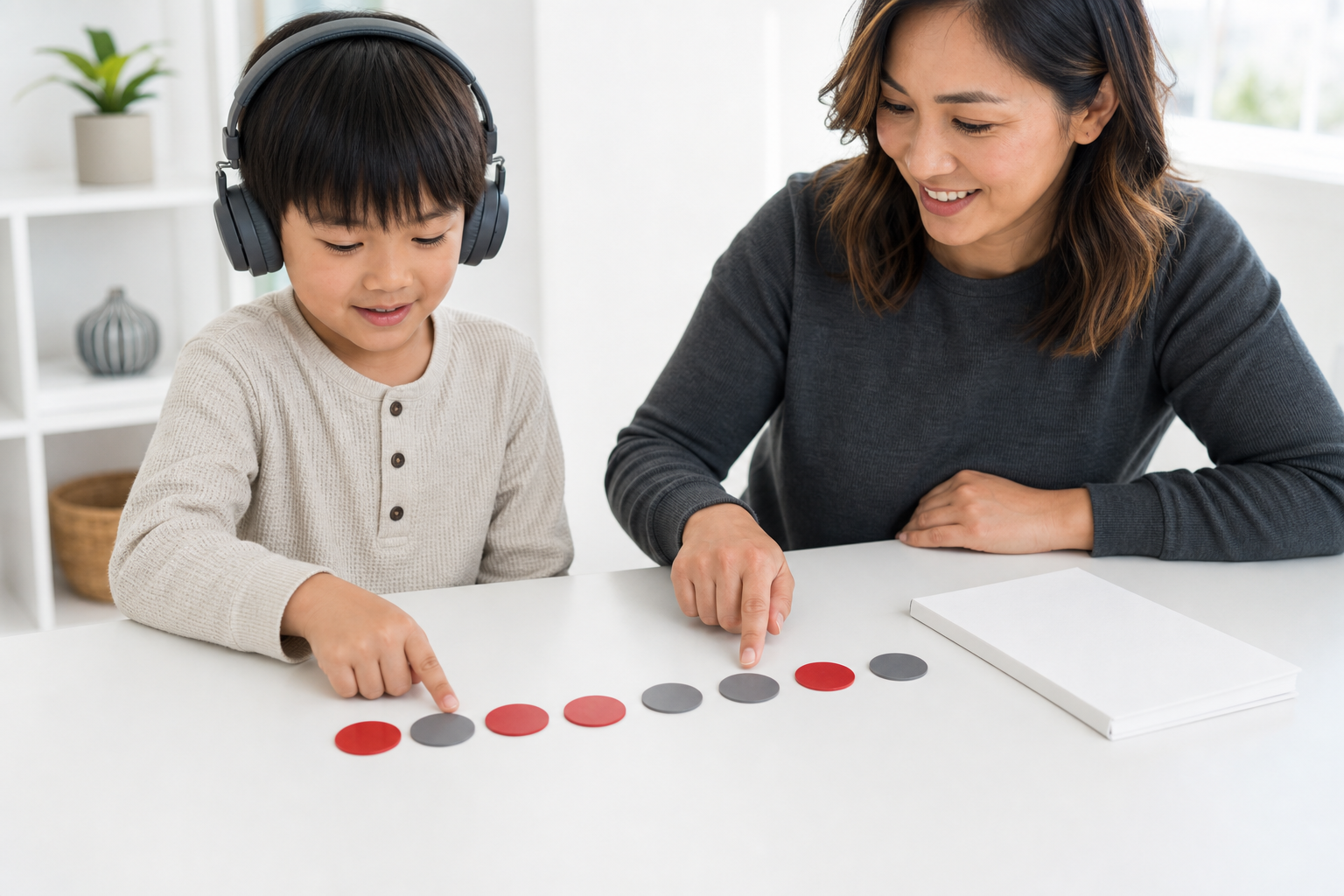 Parent and child tapping a simple sequence of red and gray rhythm tokens at a home-learning table