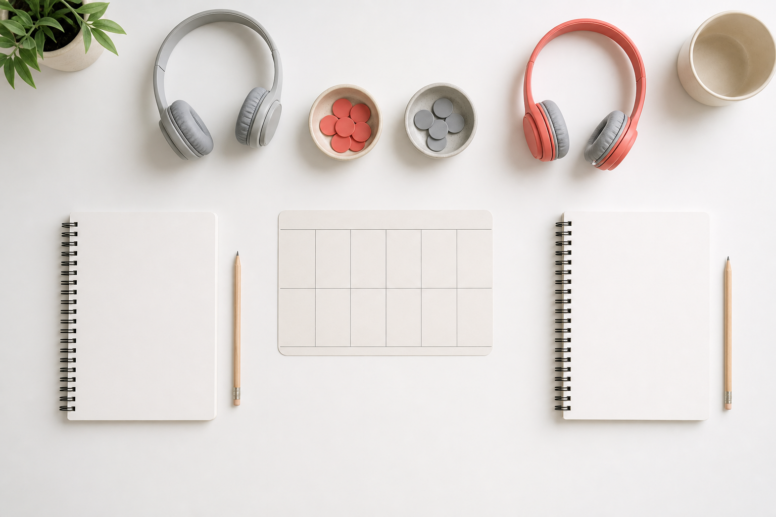 Two blank practice notebooks and separate headphones beside one shared weekly planning card