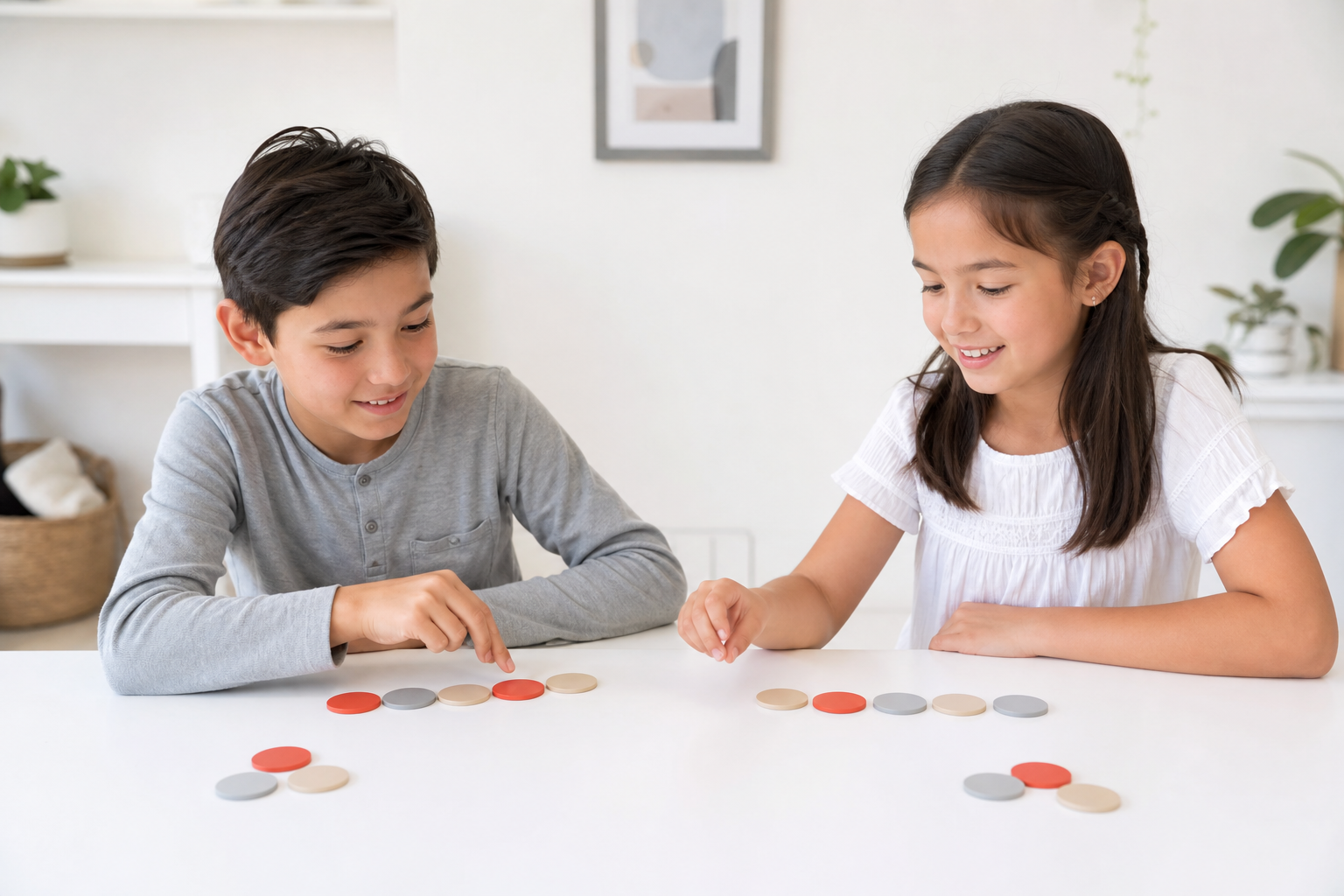 Two siblings taking turns with separate sets of rhythm tokens