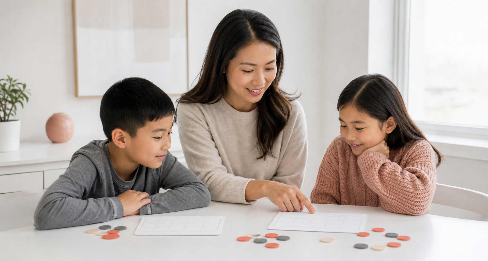 Parent and two siblings comparing simple piano lesson schedules at a bright table