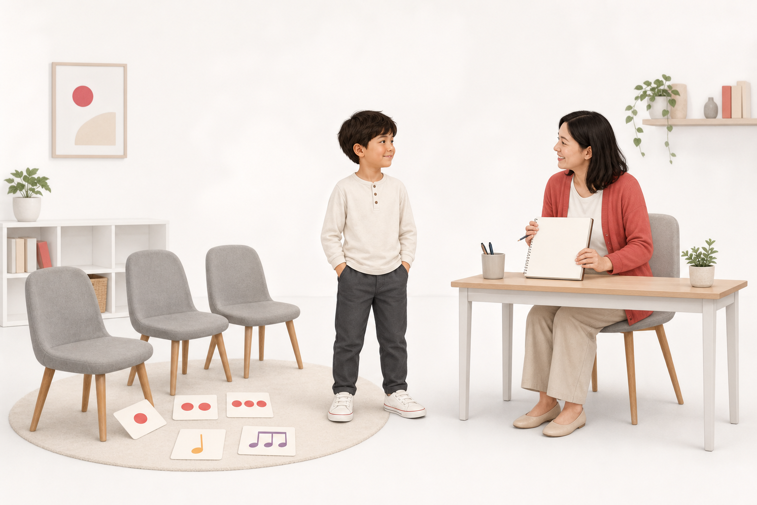 A child considering a group learning space and an individual lesson with a teacher