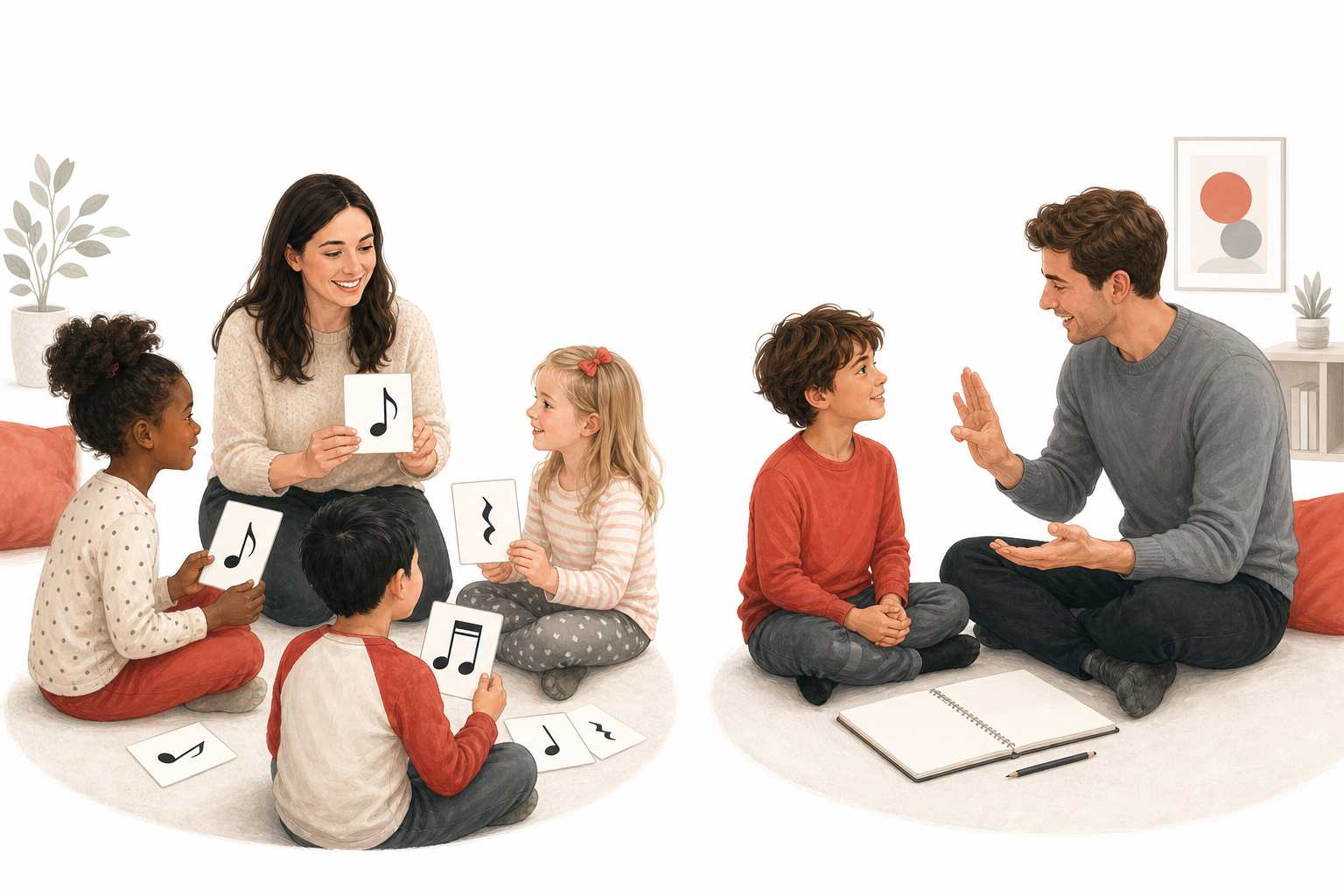 Children learning together in a small group beside a child receiving one-to-one instruction