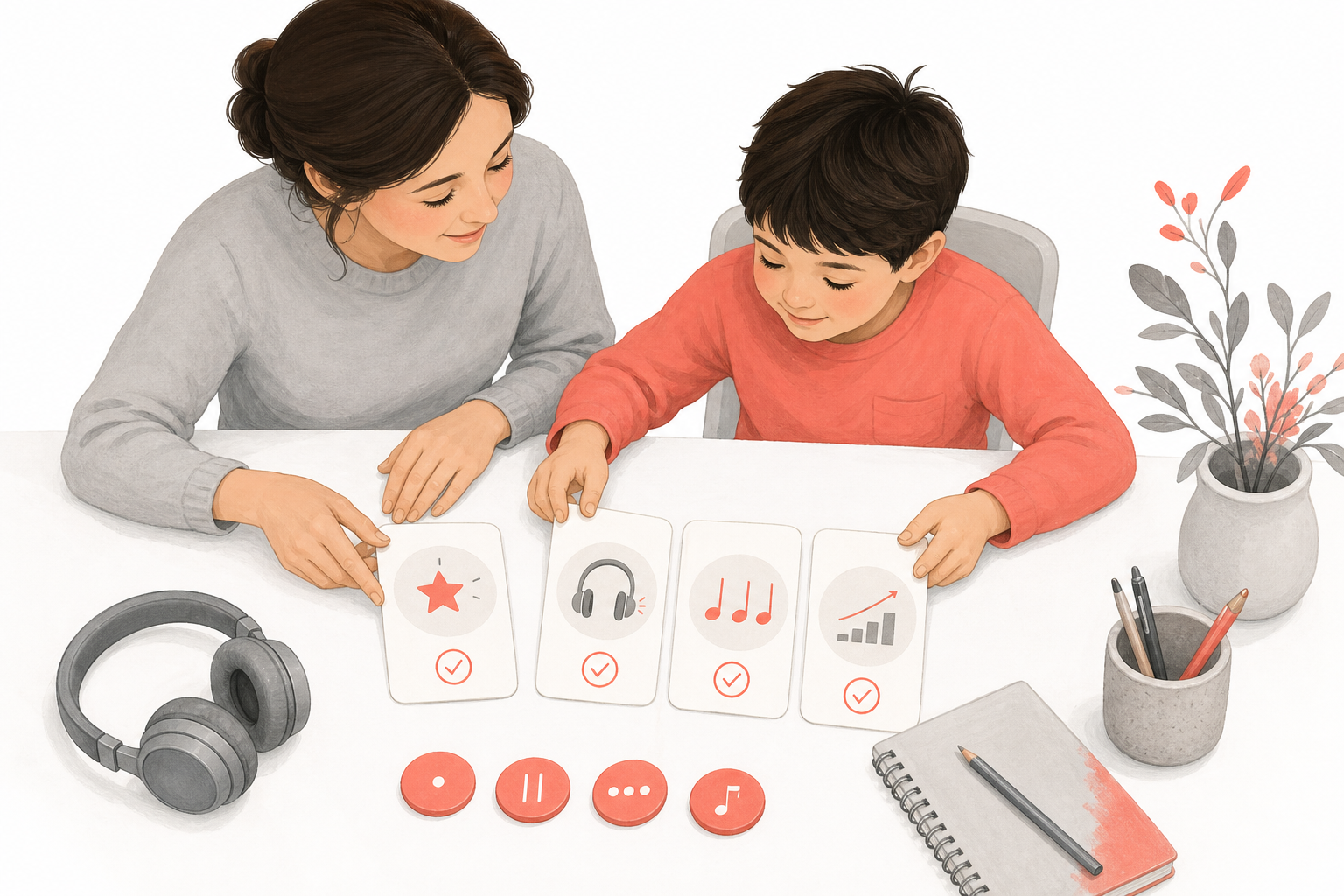 A parent and child reviewing a balanced beginner music learning plan