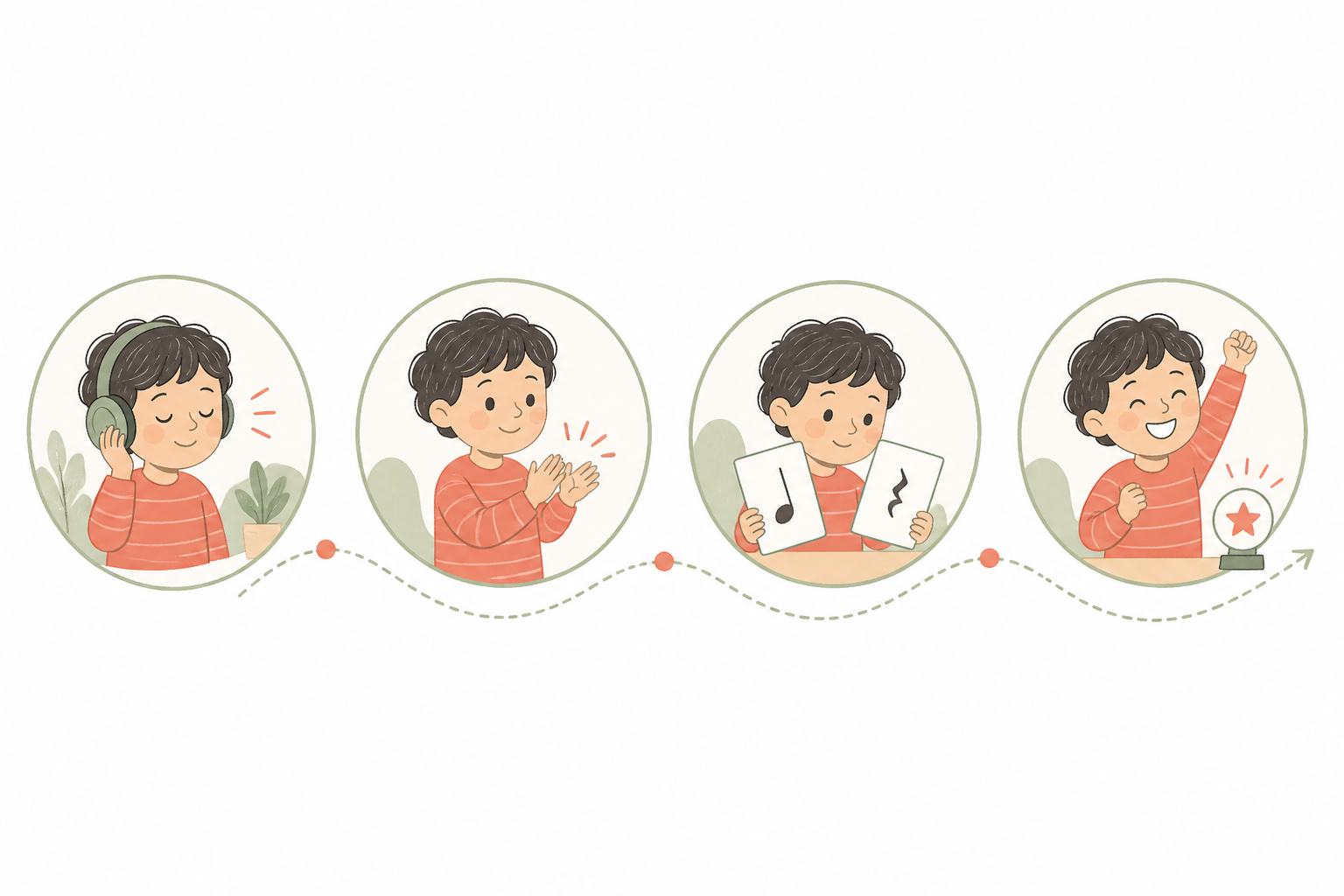 A child completes four short music learning activities across a week