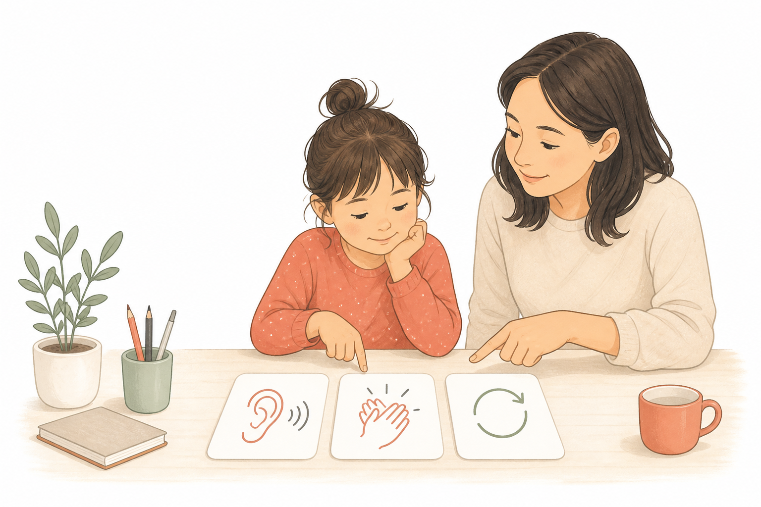 A parent and child choose a small listening, rhythm, or repeat activity