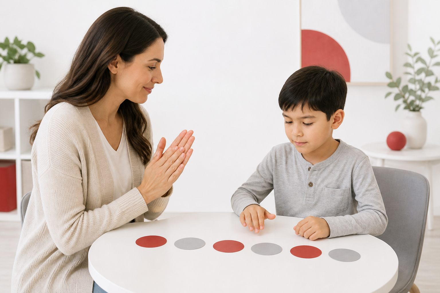 A teacher and child copy a simple clap-and-tap rhythm at a table