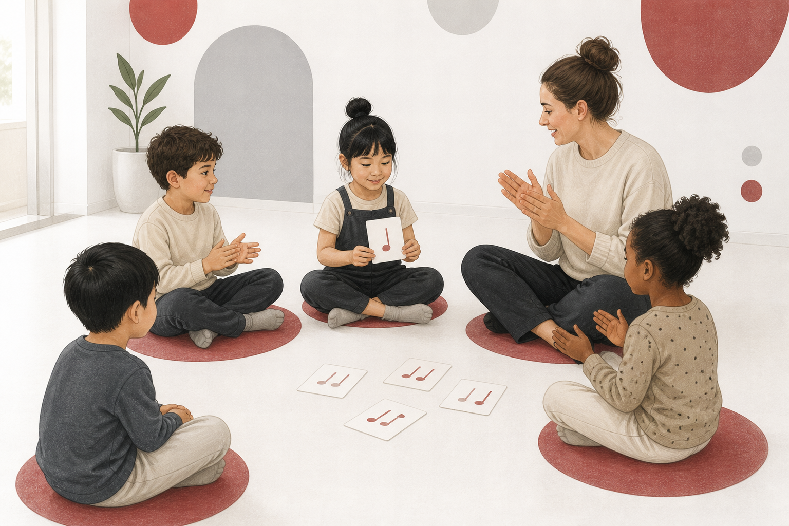 Children take turns with rhythm cards in a relaxed small group