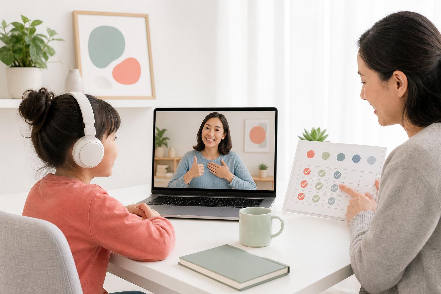 A child receives online teacher support while a parent reviews a simple weekly routine