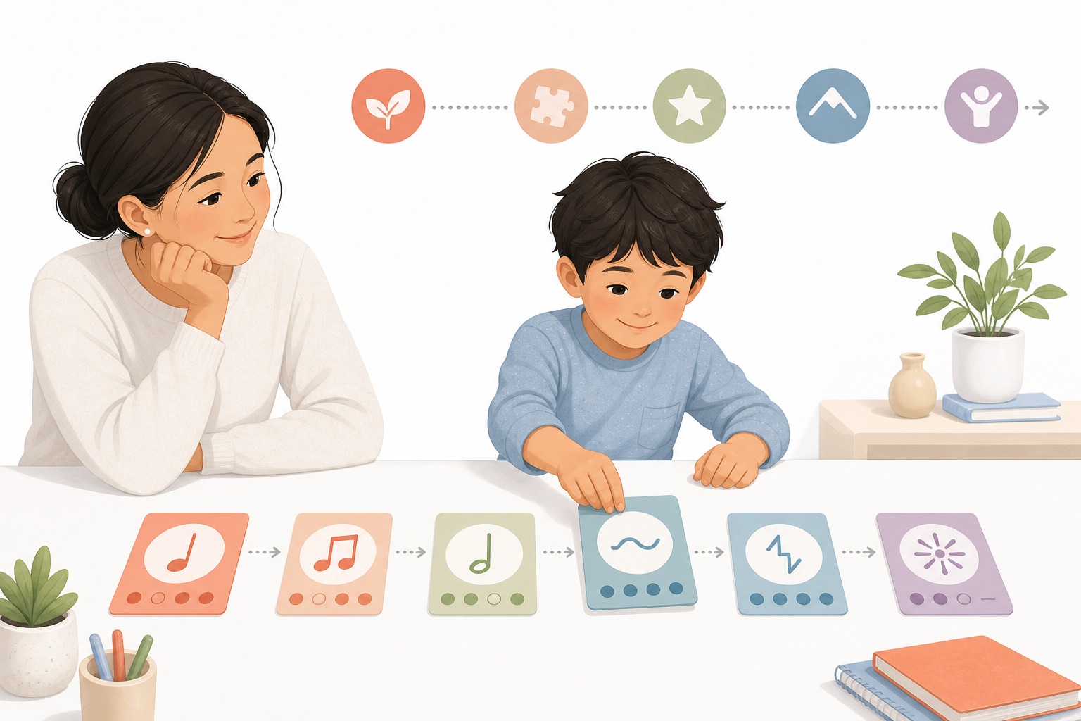A child arranges a sequence of visual music-learning milestones with a parent nearby