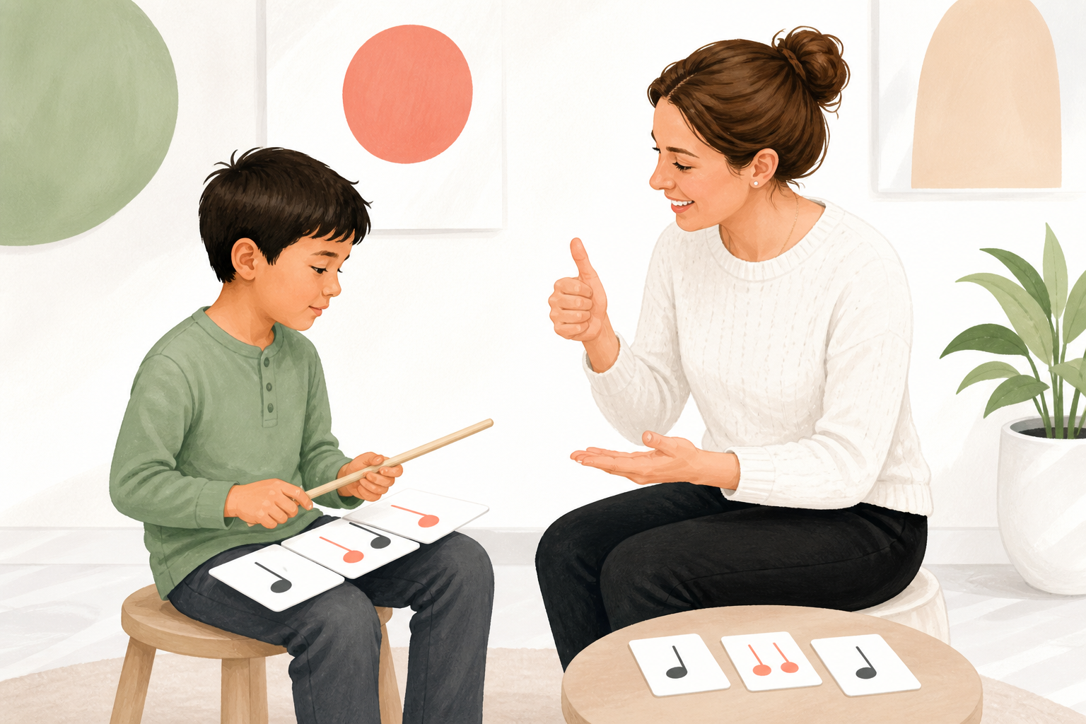 A teacher gives encouraging, specific feedback during a beginner rhythm activity