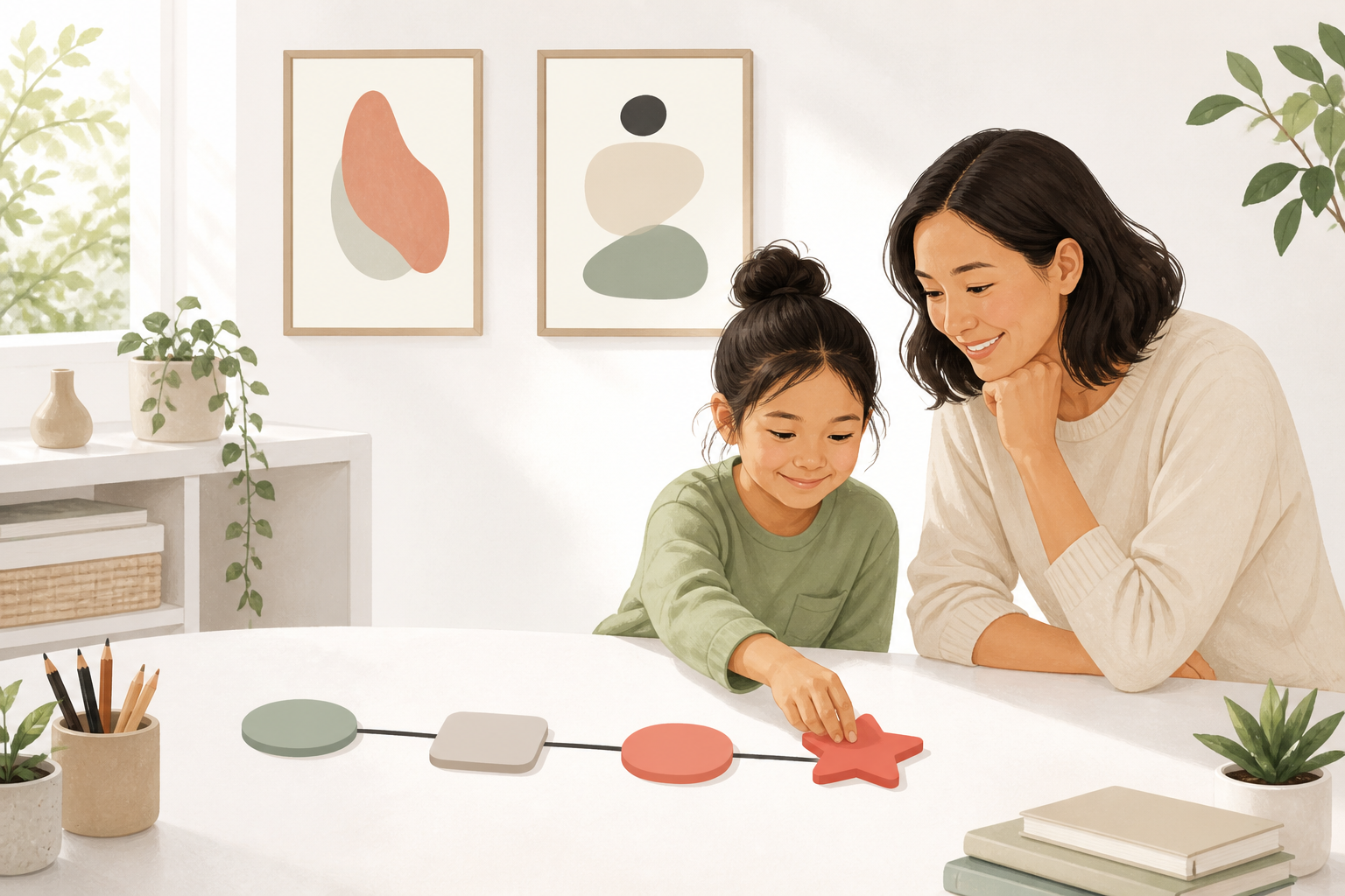 A parent and child place the final shape on a simple four-step learning path