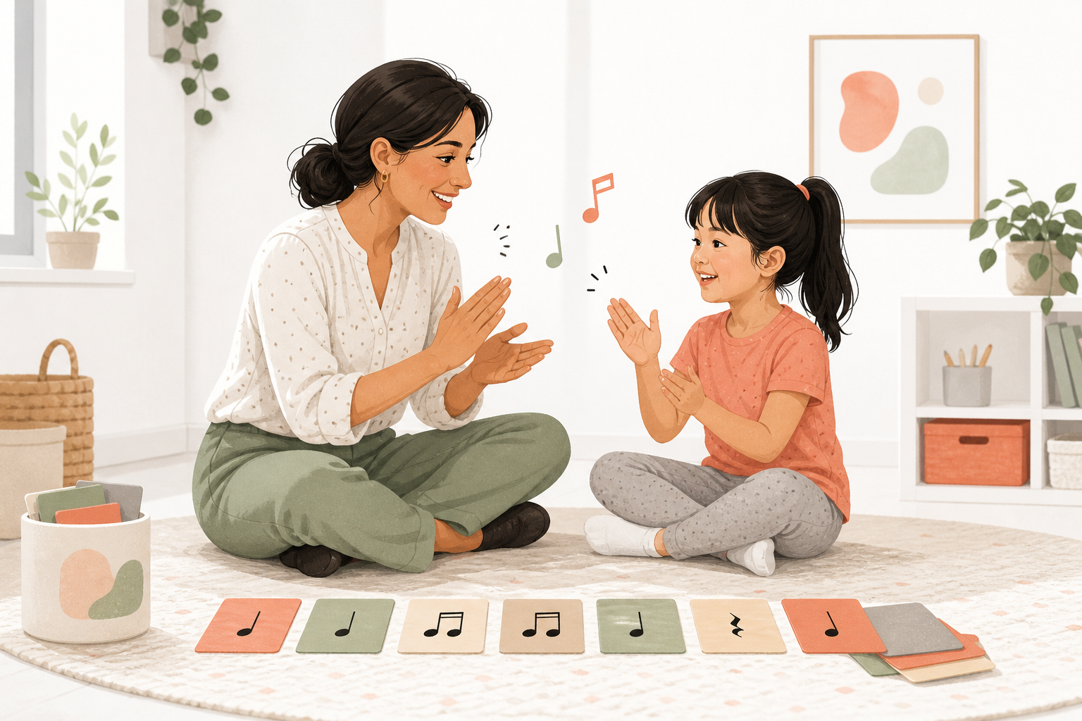 A teacher and child practice rhythm and coordination with simple beat cards