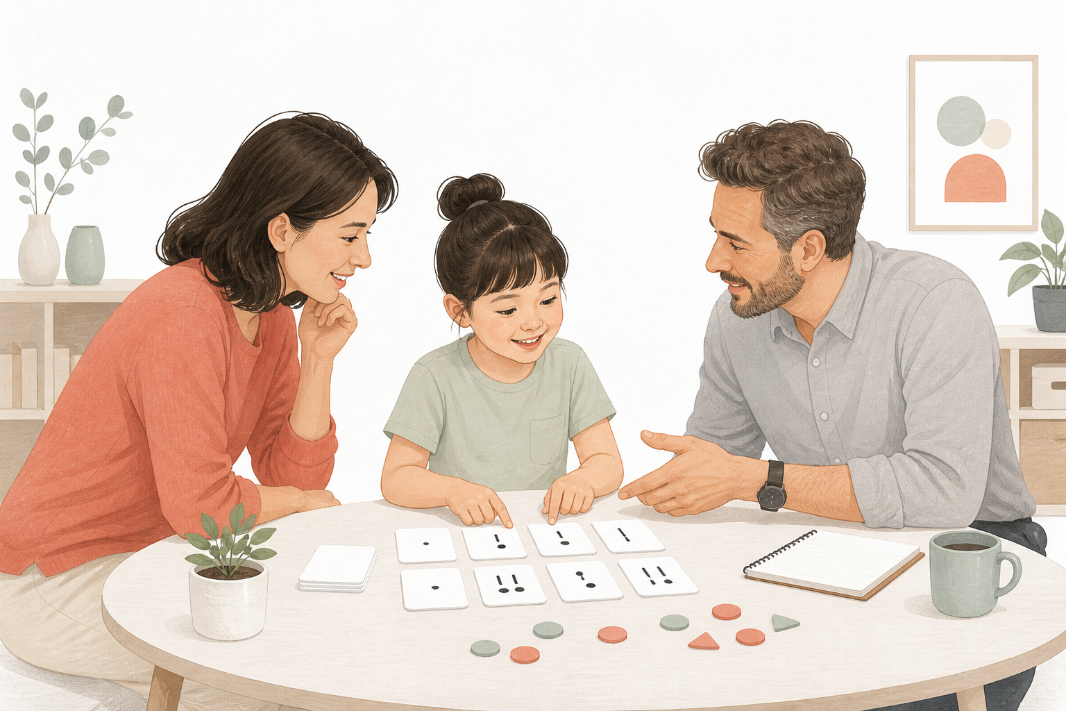 A teacher, parent, and child have a constructive check-in with simple rhythm cards