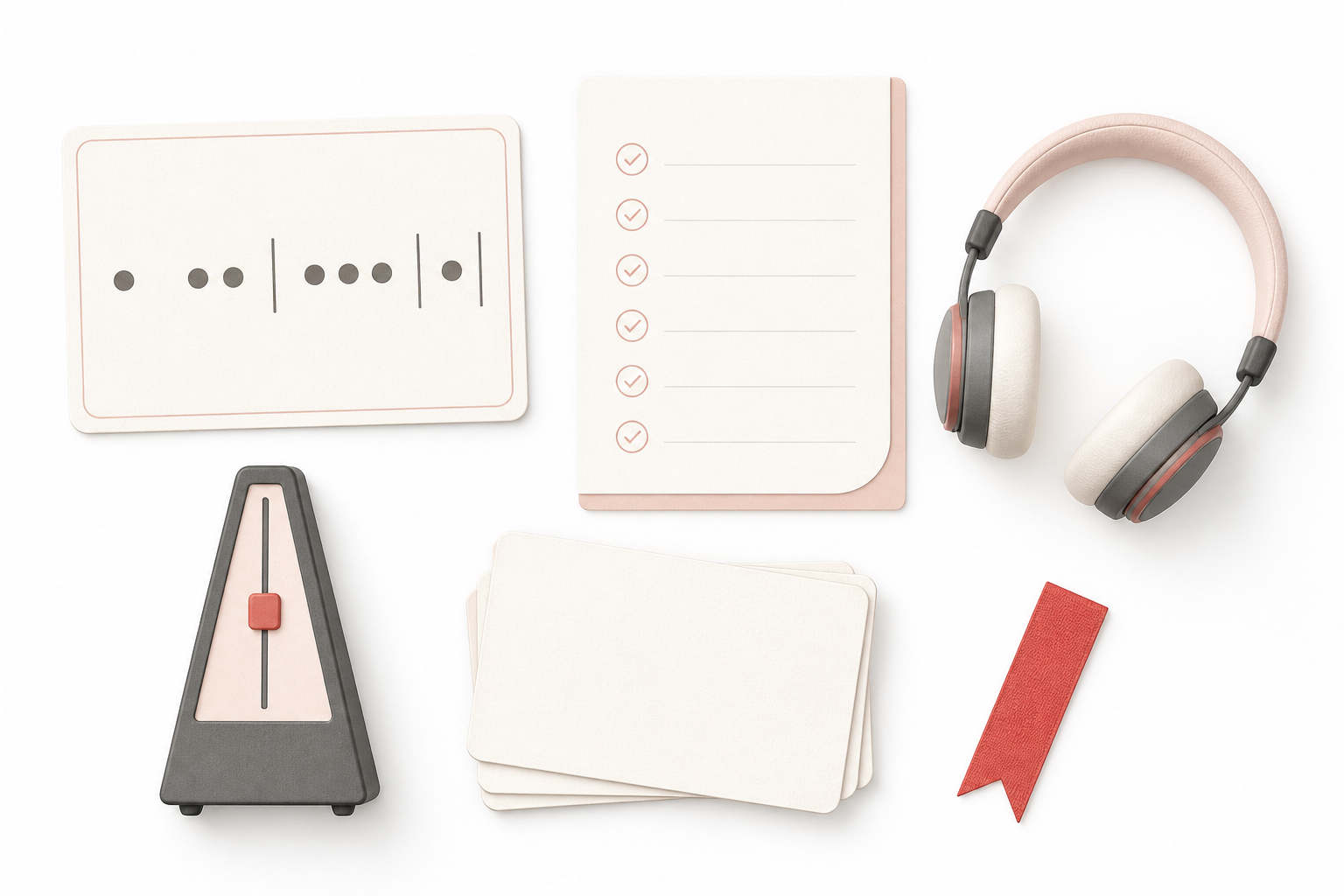 Learning cards, a progress checklist, headphones, and a practice timer arranged on a white background