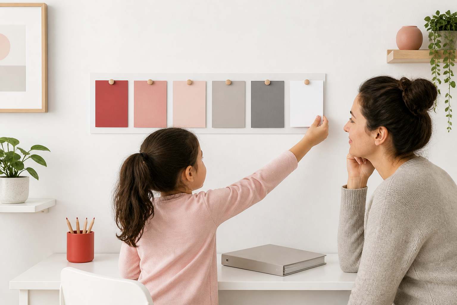 A child adds a blank milestone card while a parent watches encouragingly